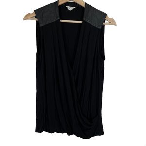 Club Monaco Black Faux Wrap Sleeveless Blouse Faux Leather Trim